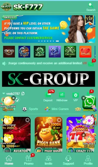 F777 Real Money App Main Dashboard and Game Selection Interface